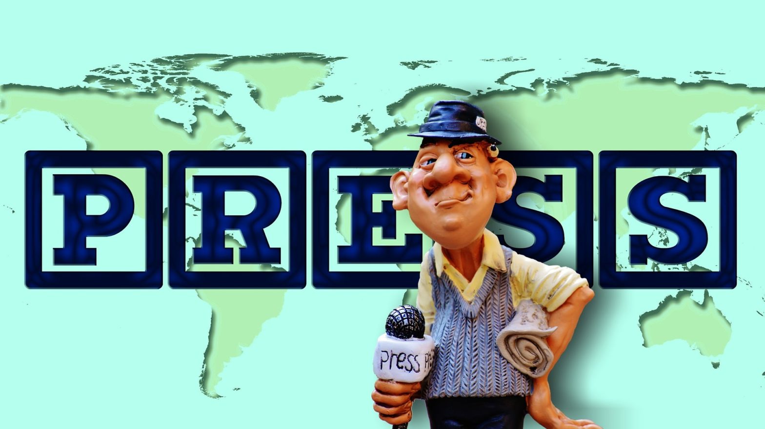 image of a cartoon man in front of press and world image